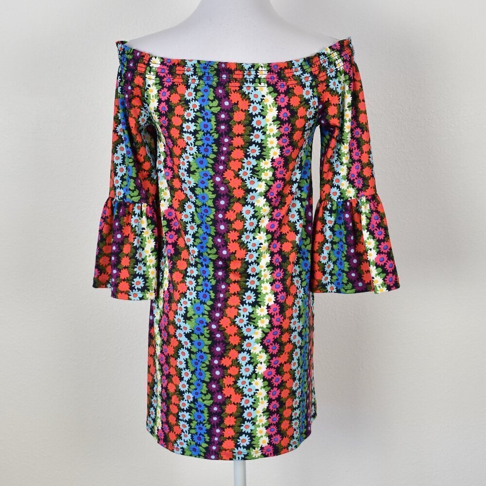 Trina Turk Floral Off Shoulder Print Bell Sleeve Dress - XS - Picture 6 of 8